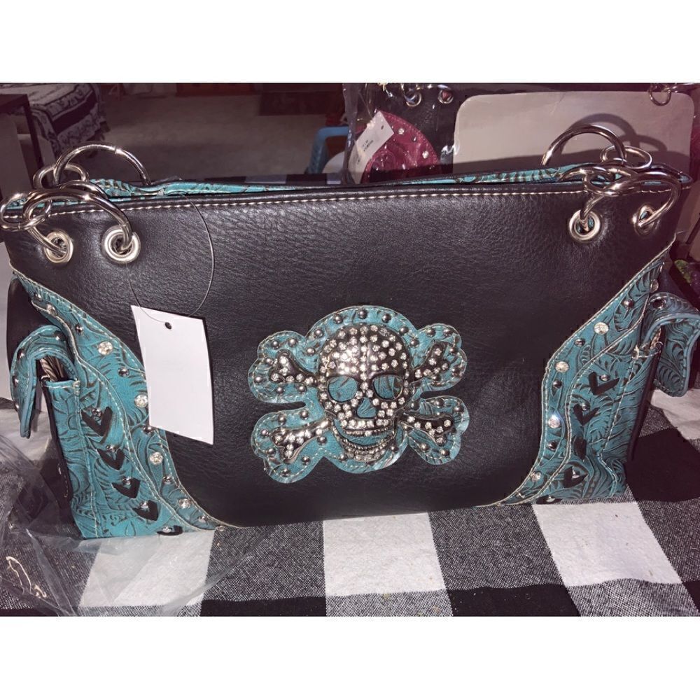 Embroidered Rhinestone Skull Contrast CC Handbag